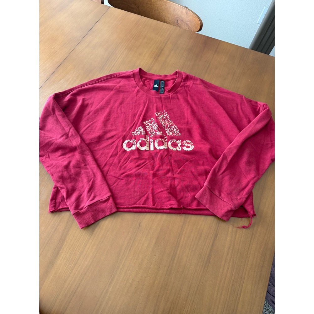 Adidas Sweatshirt Womens XL Red Raw Hem Cropped Logo Athleisure Pullover Top